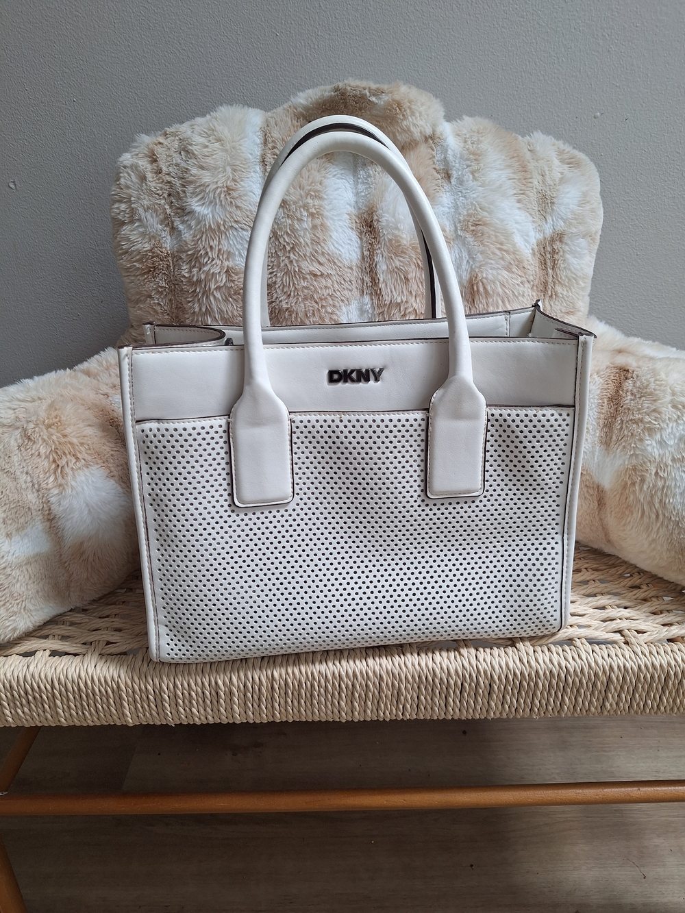 DKNY Cream Perforated Leather Tote Bag